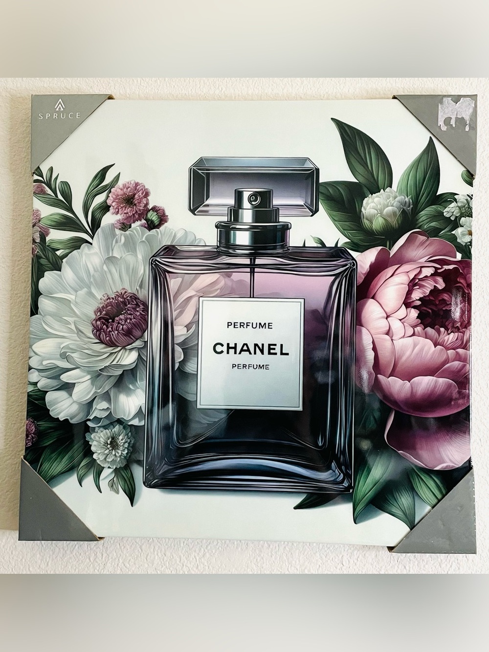 CHANEL Purple and Green Floral Perfume Bottle Wall Art by Spruce